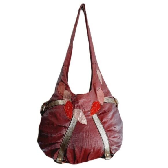 LOOP Boho Crossbody Hobo Leaf Applique Purse Shoulder Bag Mauve - Picture 10 of 15